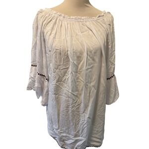 Bali Queen White Cotton Peasant Top Off Shoulder Bell Sleeve Coin Stud M/L